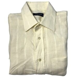 Canali‎ Linen Shirt Mens Size M Tan Beige Short Sleeve Button Up Casual Italy